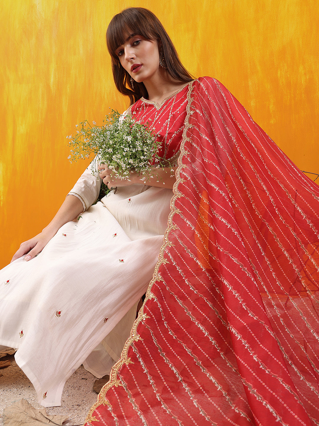 Sequined Embroidered & Applique Patch Kurta with Pant & printed Dupatta