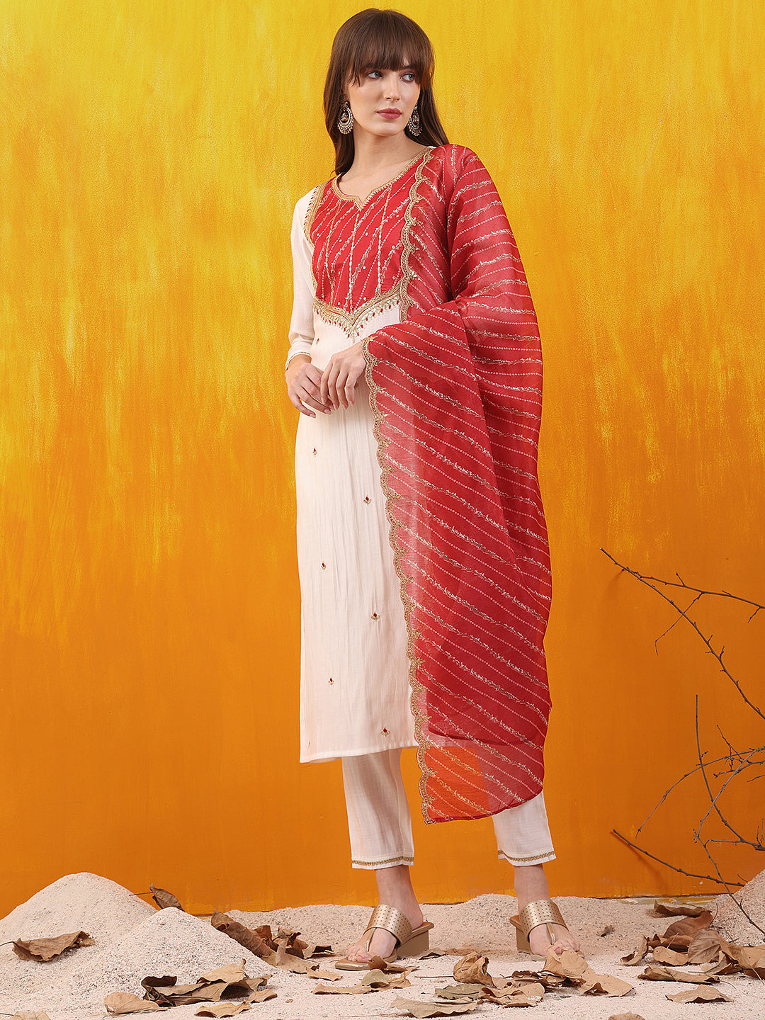 Sequined Embroidered & Applique Patch Kurta with Pant & printed Dupatta