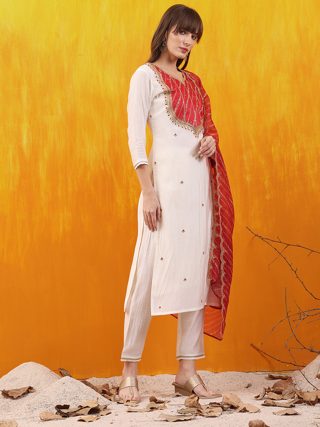 Sequined Embroidered & Applique Patch Kurta with Pant & printed Dupatta