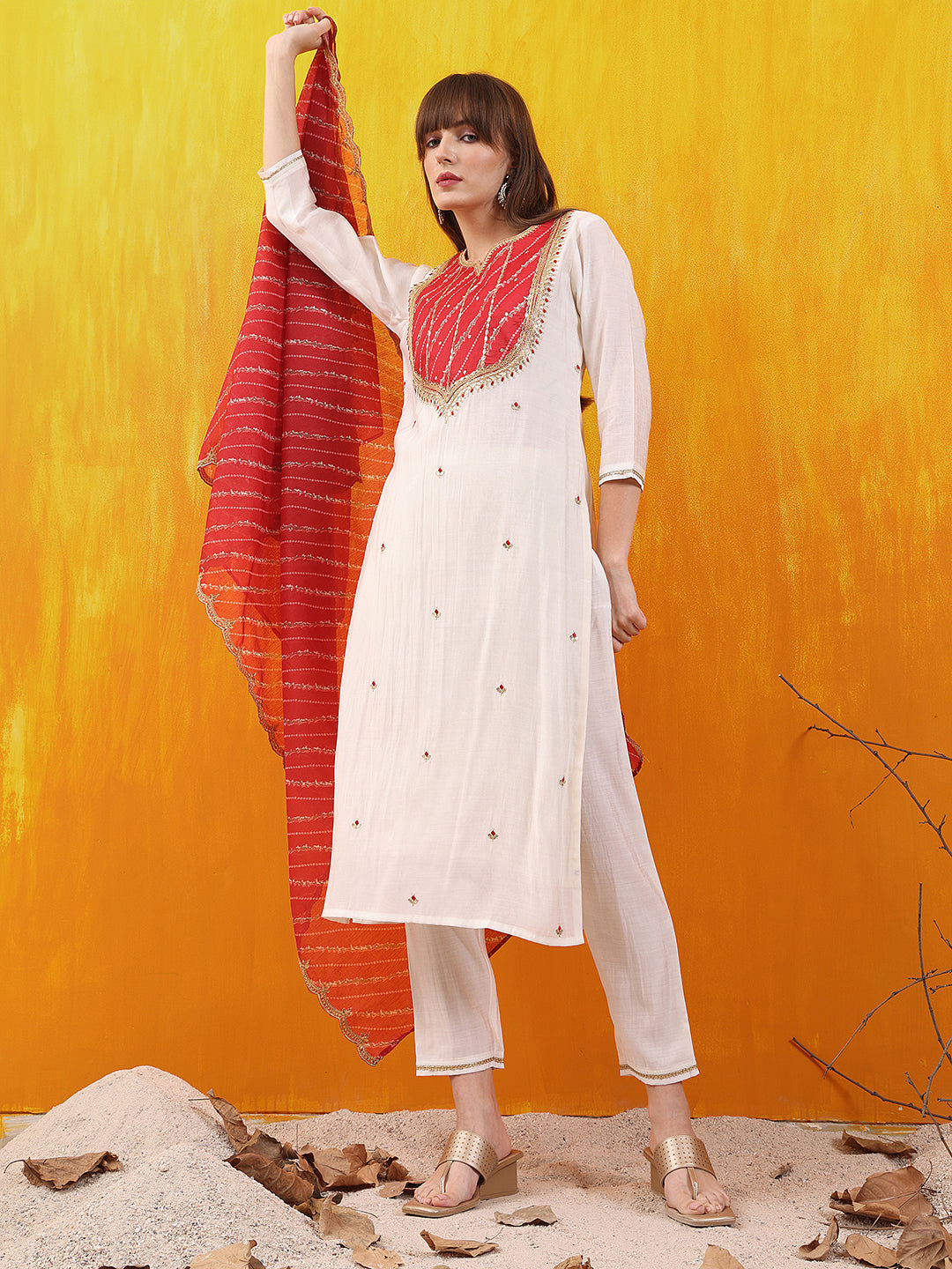 Sequined Embroidered & Applique Patch Kurta with Pant & printed Dupatta