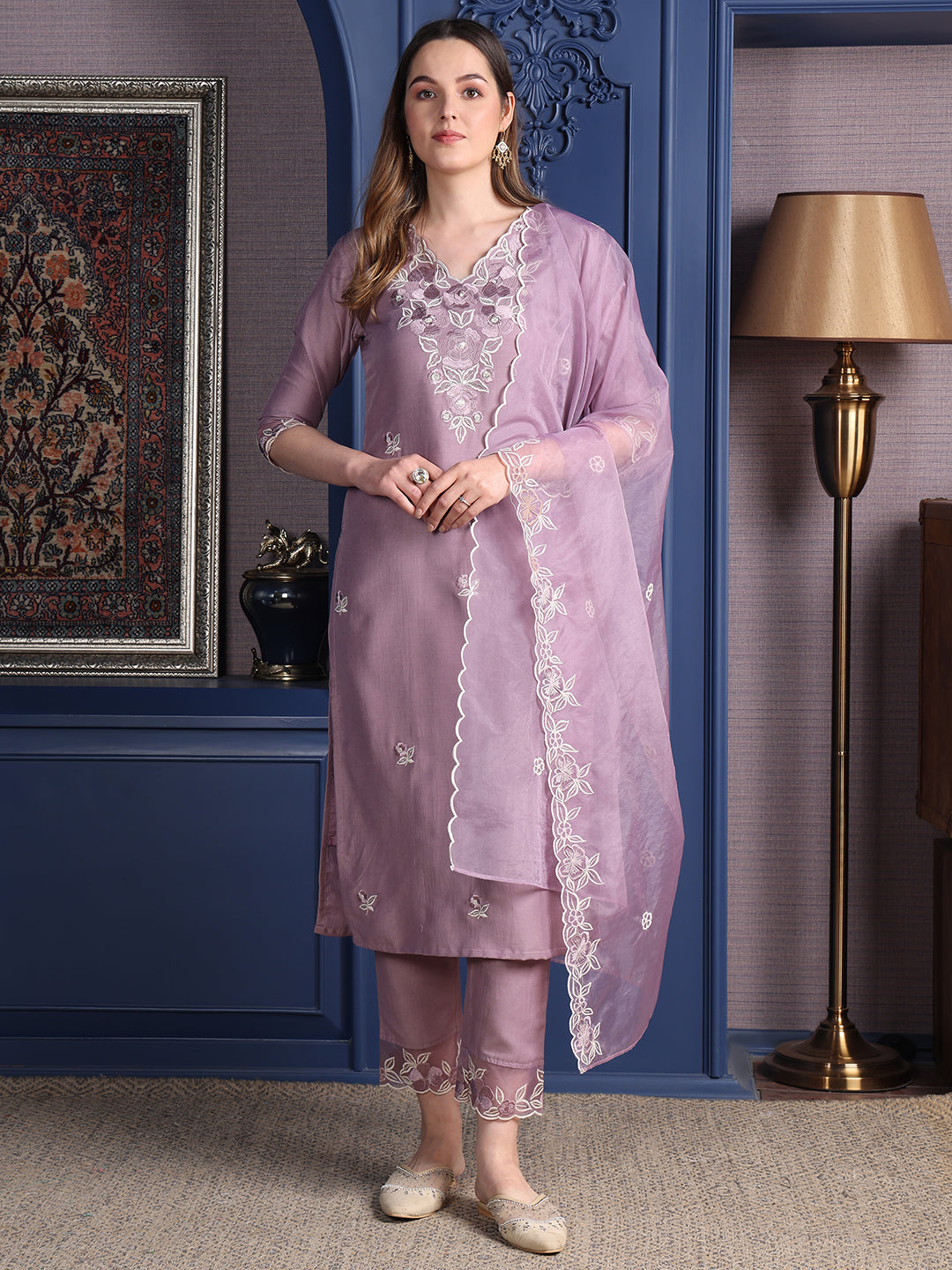 Embroidered Kurta with Pant & Organza Embroidered Dupatta