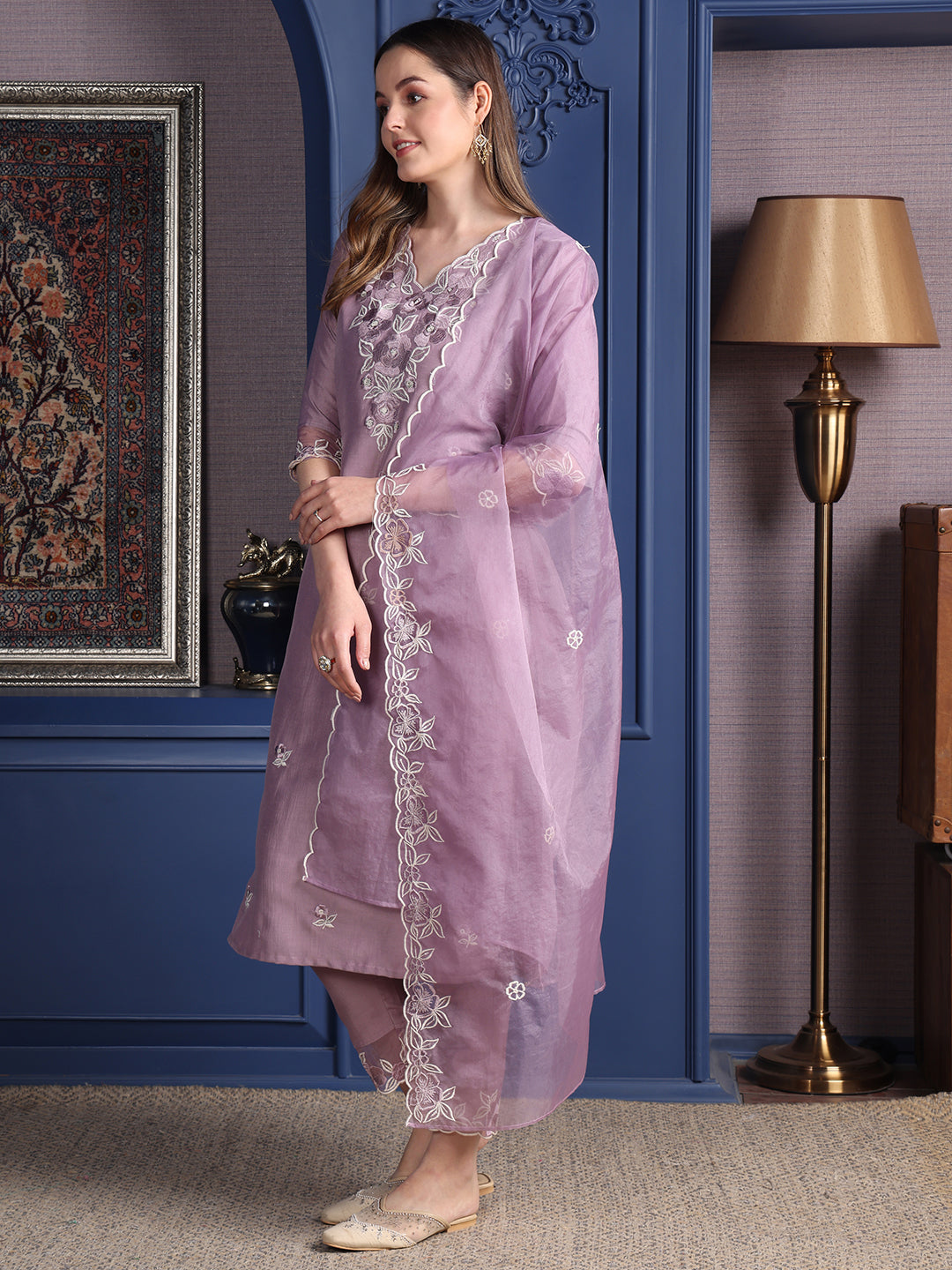 Embroidered Kurta with Pant & Organza Embroidered Dupatta