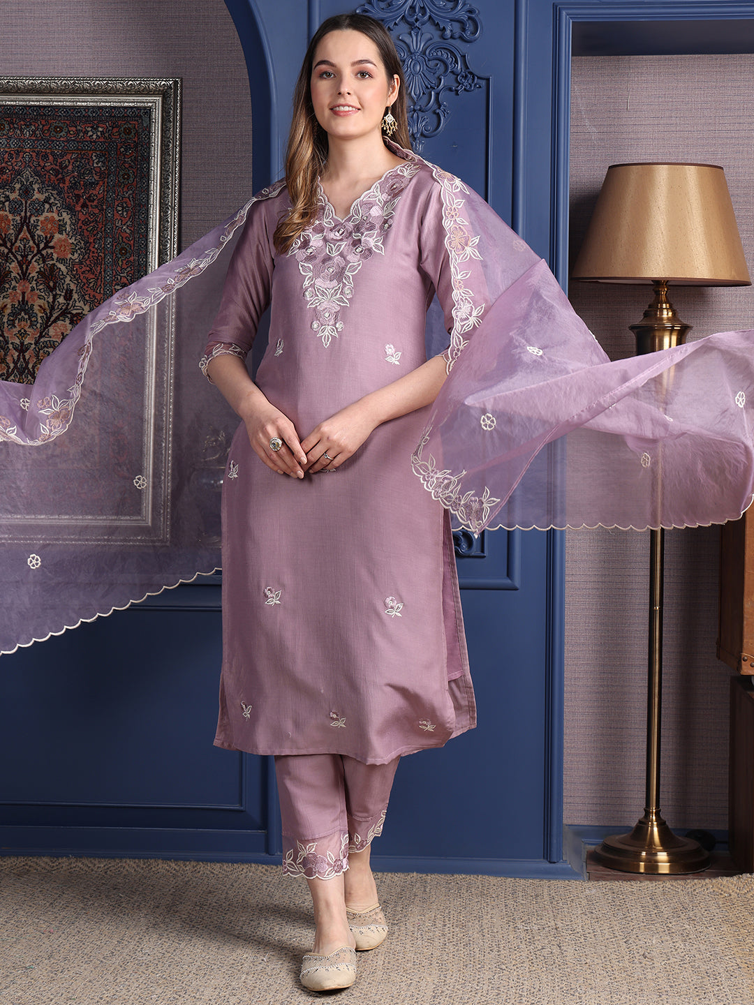 Embroidered Kurta with Pant & Organza Embroidered Dupatta