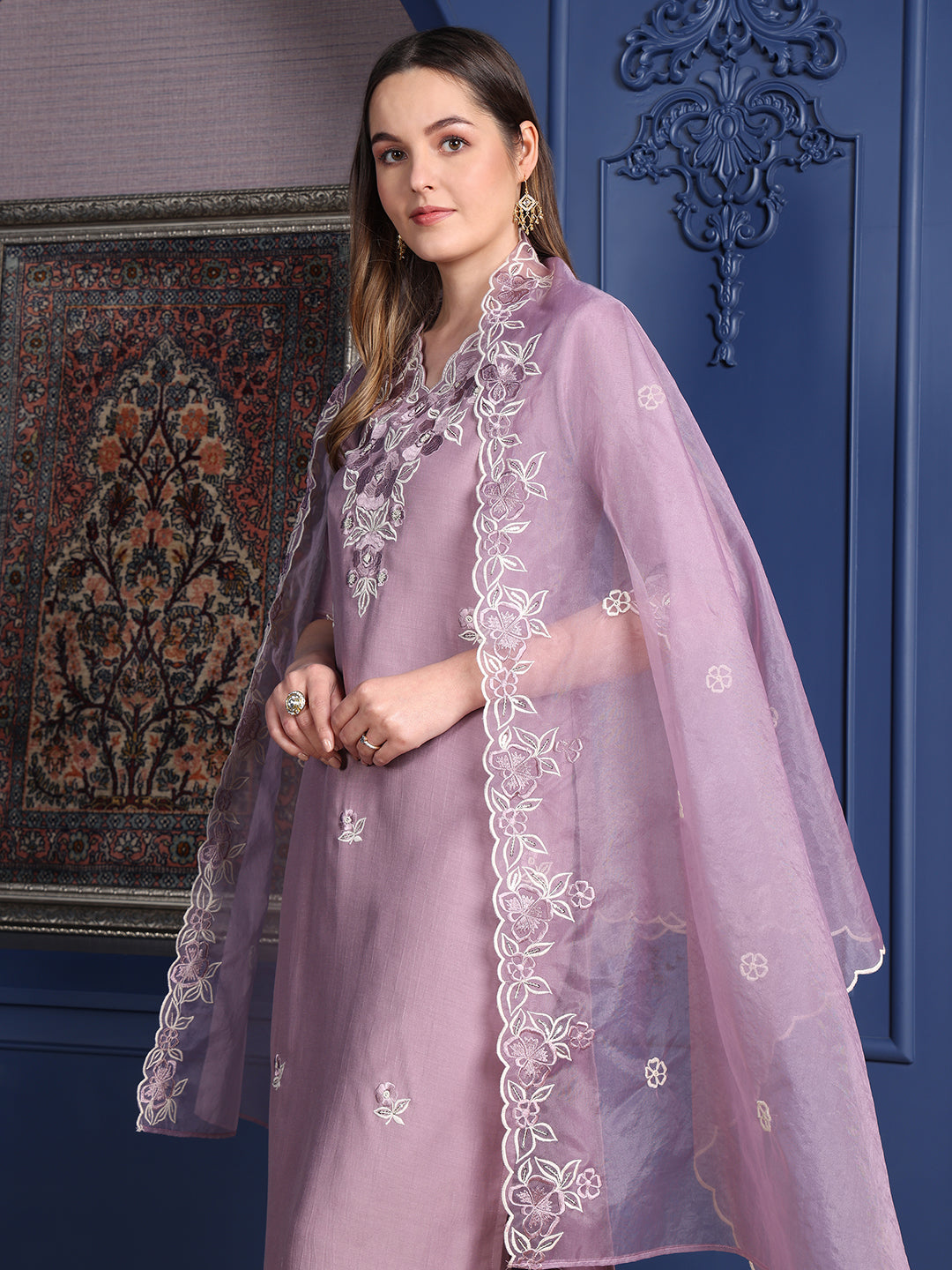 Embroidered Kurta with Pant & Organza Embroidered Dupatta