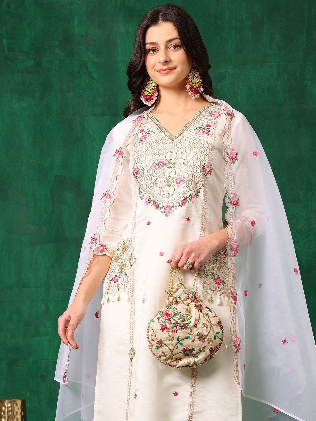 Embroidered Kurta with Pant & Embroidered Organza Dupatta