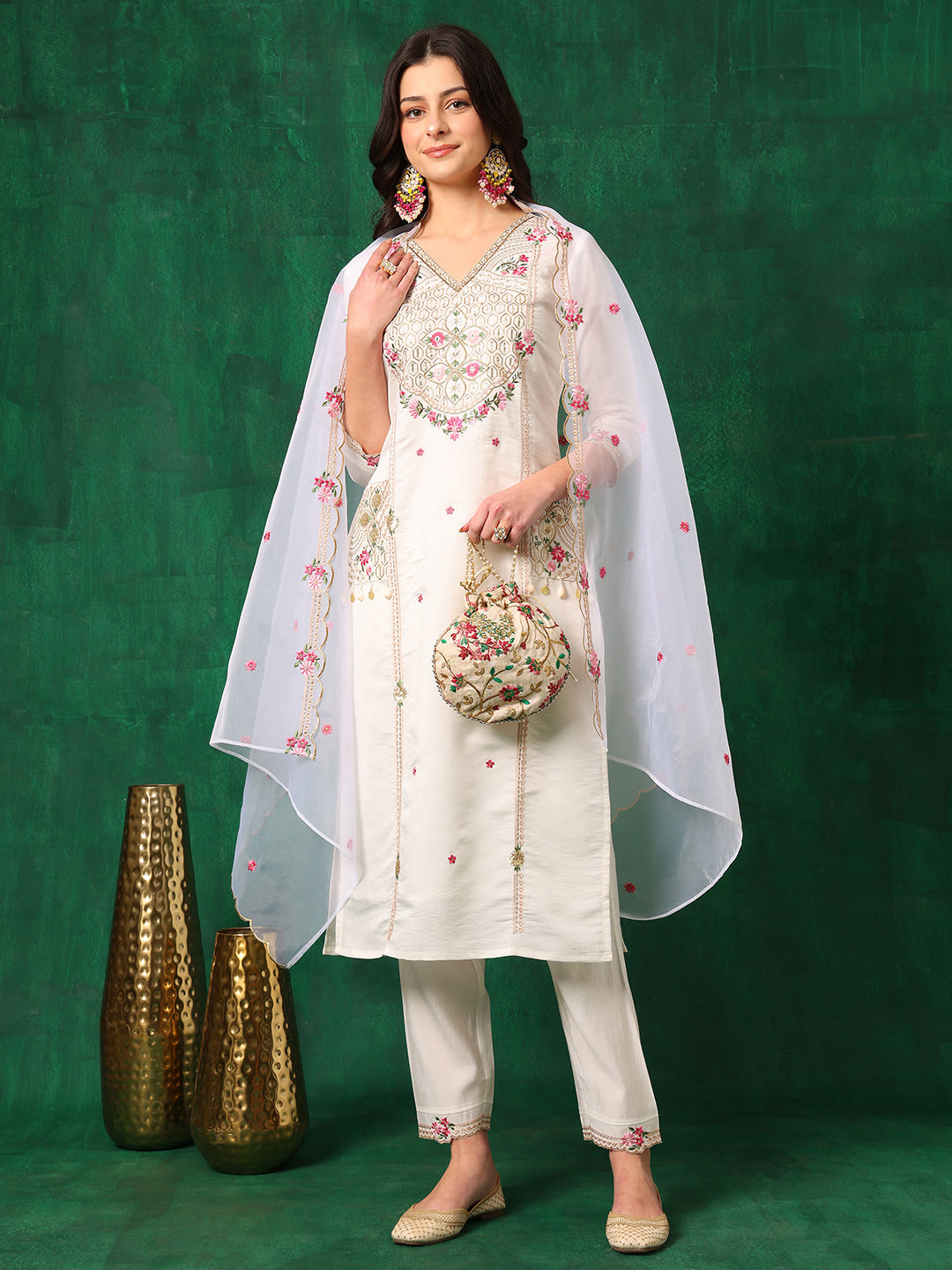 Embroidered Kurta with Pant & Embroidered Organza Dupatta