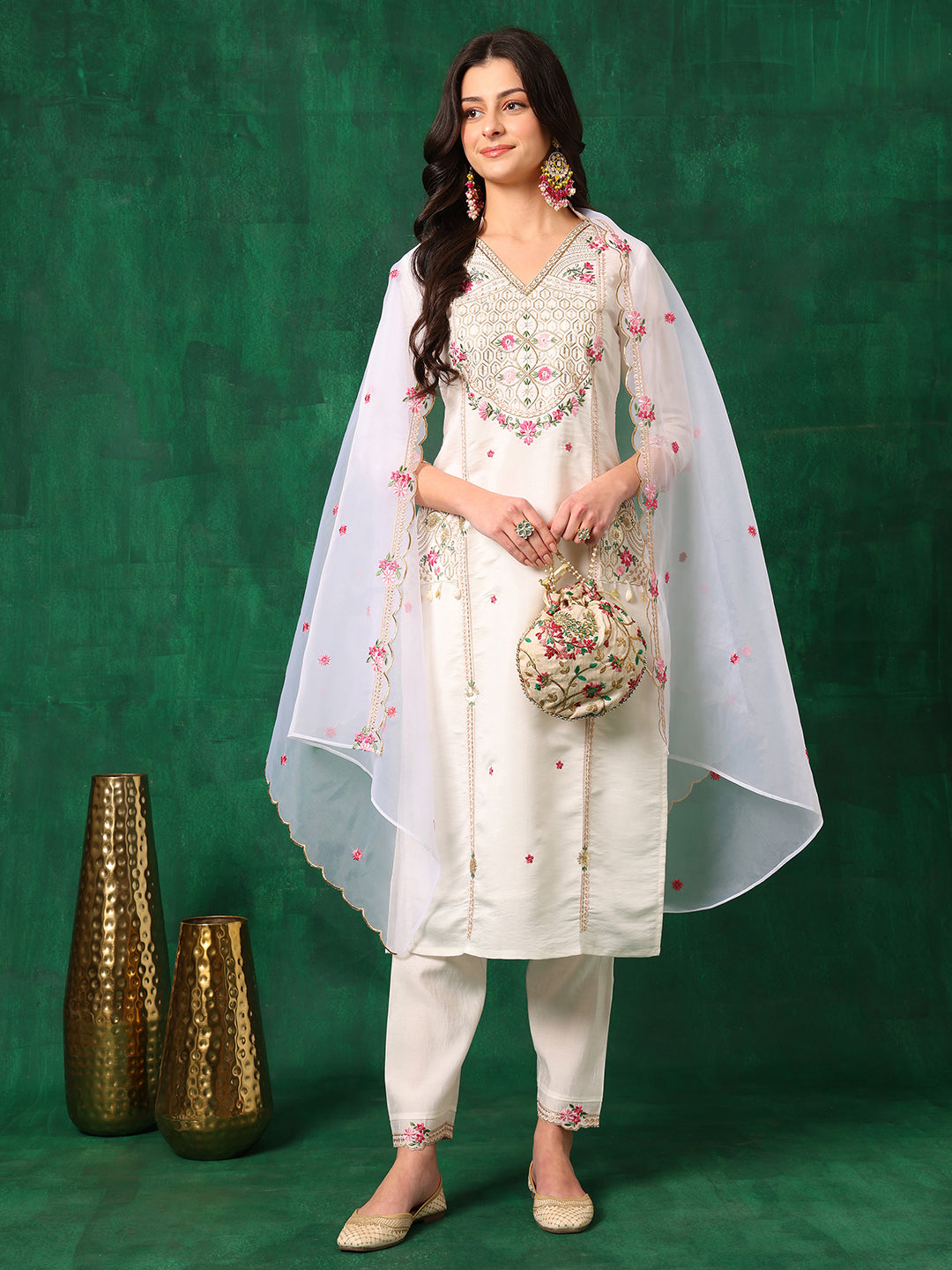 Embroidered Kurta with Pant & Embroidered Organza Dupatta