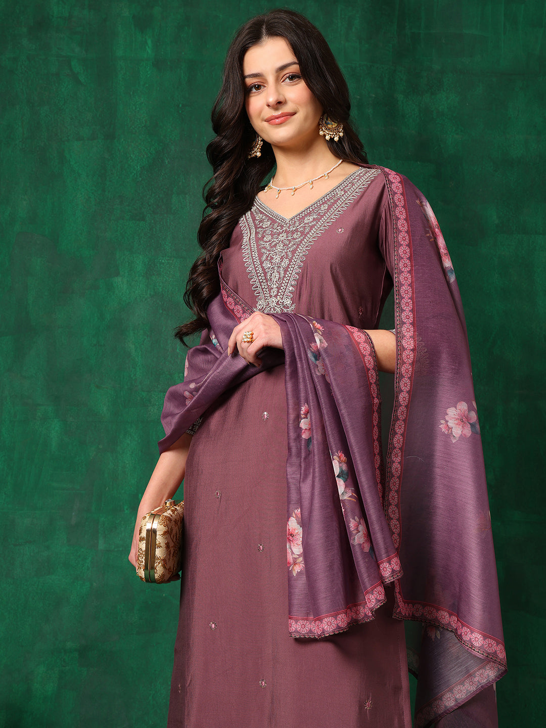 Sequined Embroidered Kurta with Pant & printed Dupatta