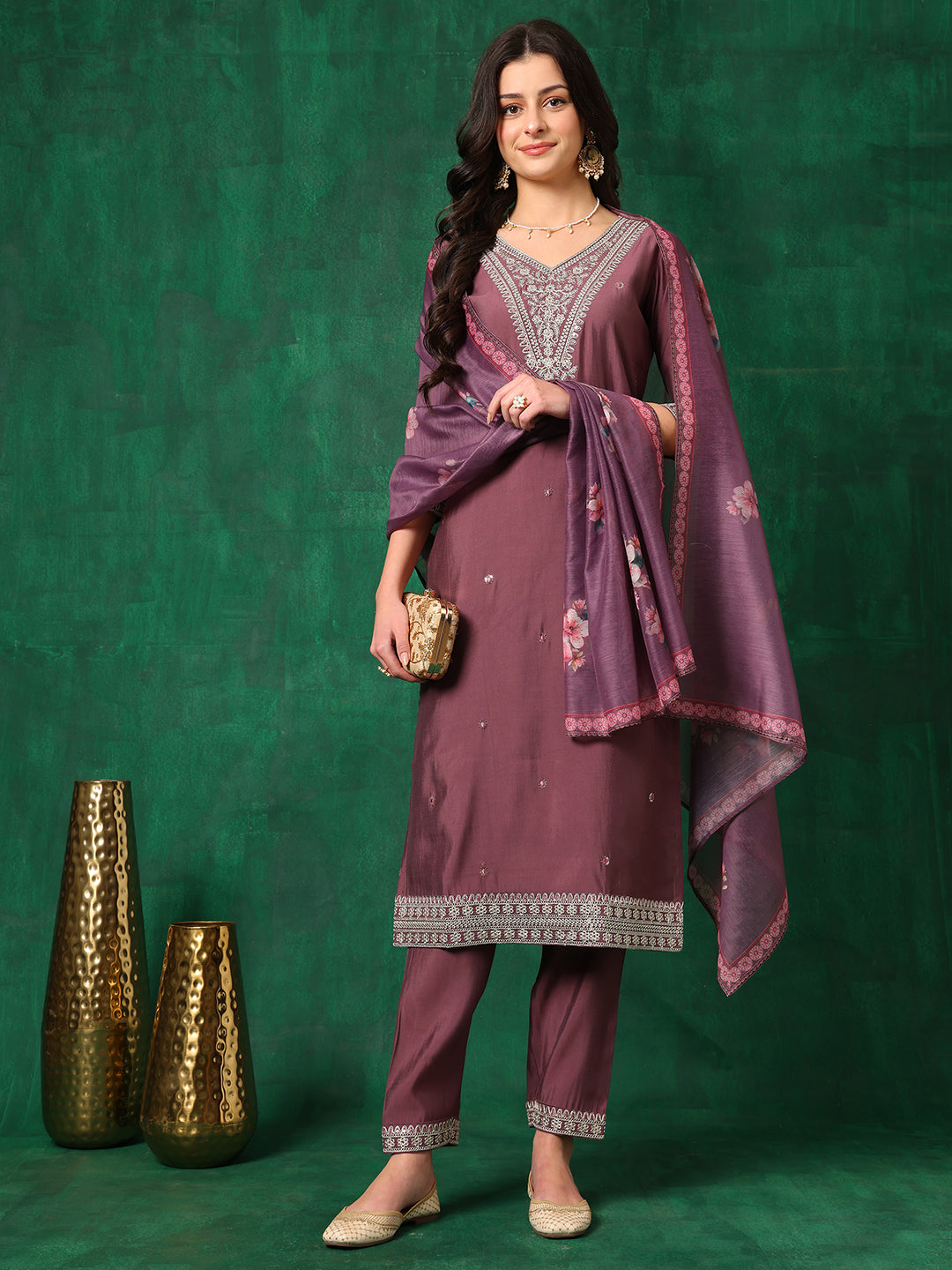 Sequined Embroidered Kurta with Pant & printed Dupatta