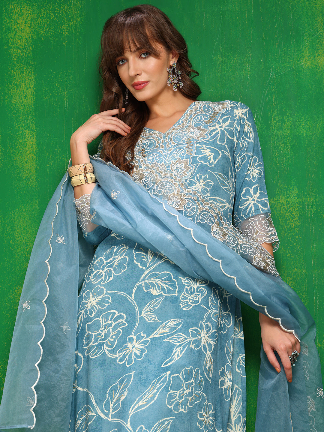 Embroidered & Floral Printed Kurta with Palazzo Pant & Embroidered Dupatta
