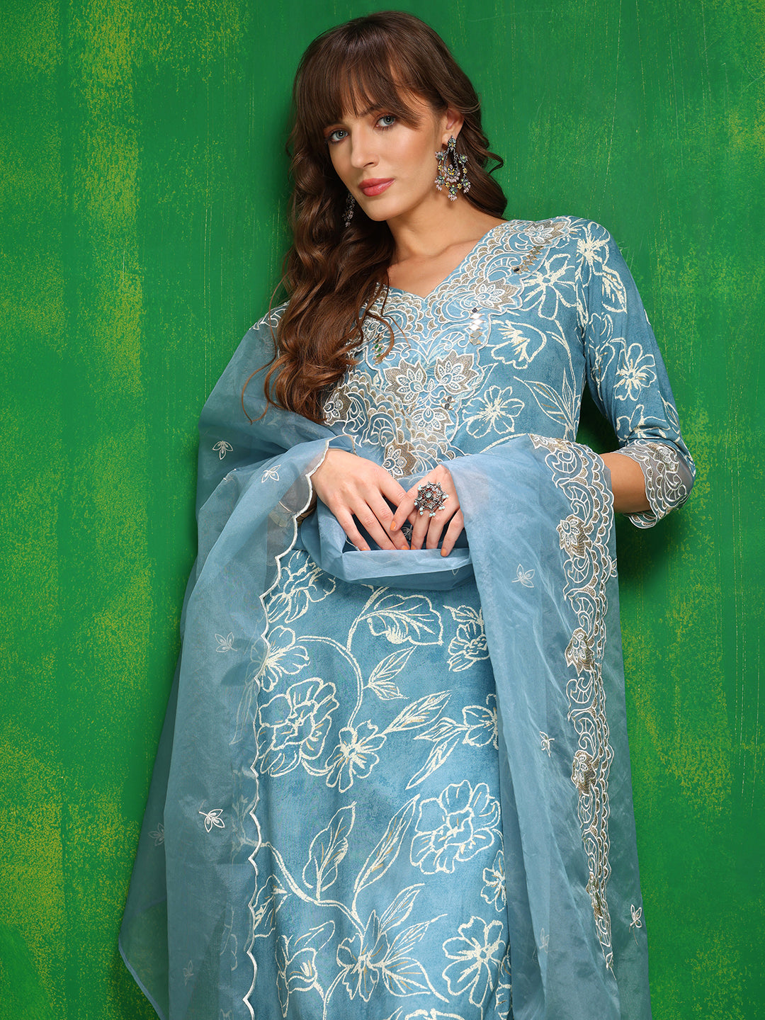Embroidered & Floral Printed Kurta with Palazzo Pant & Embroidered Dupatta