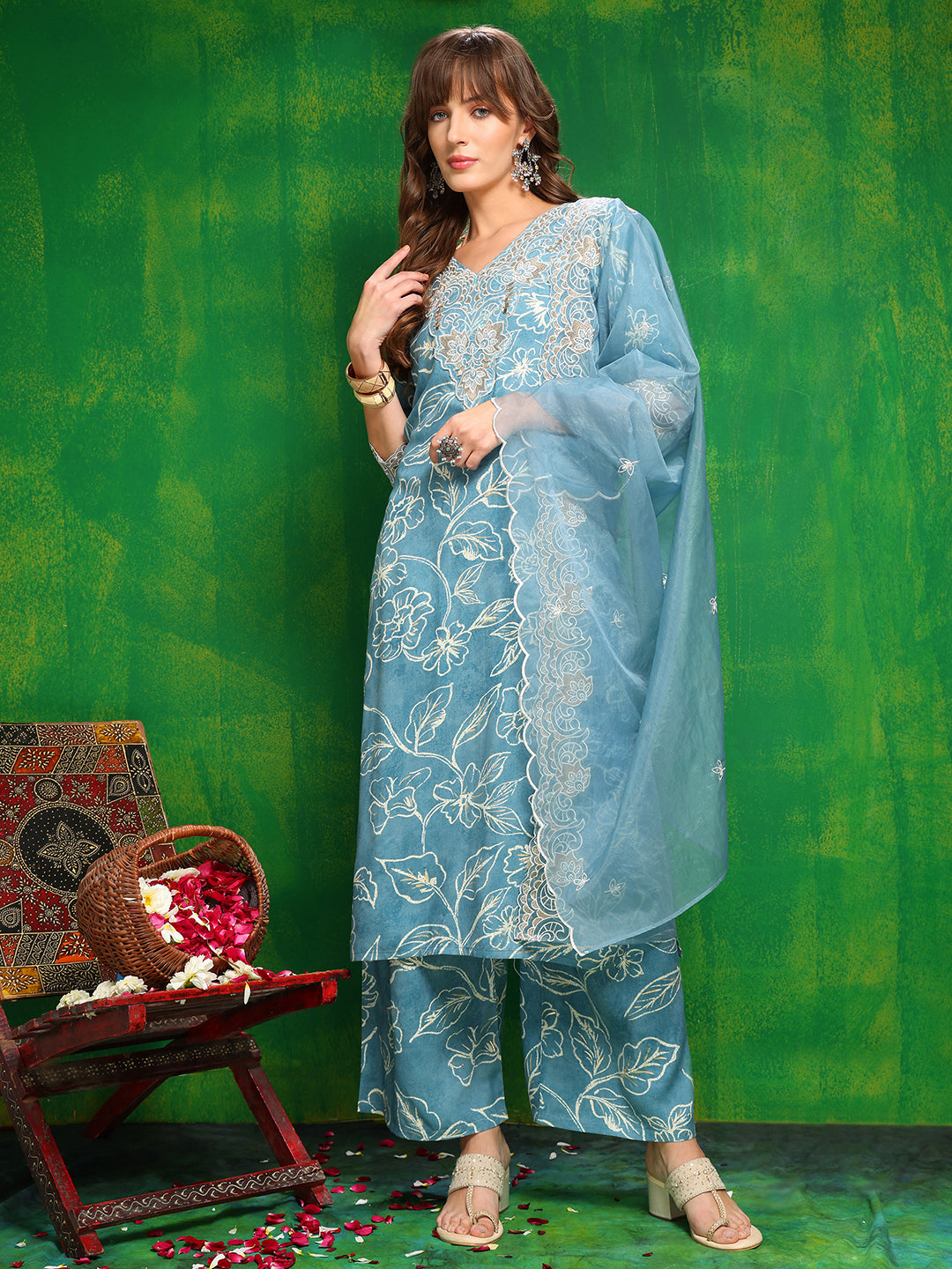 Embroidered & Floral Printed Kurta with Palazzo Pant & Embroidered Dupatta
