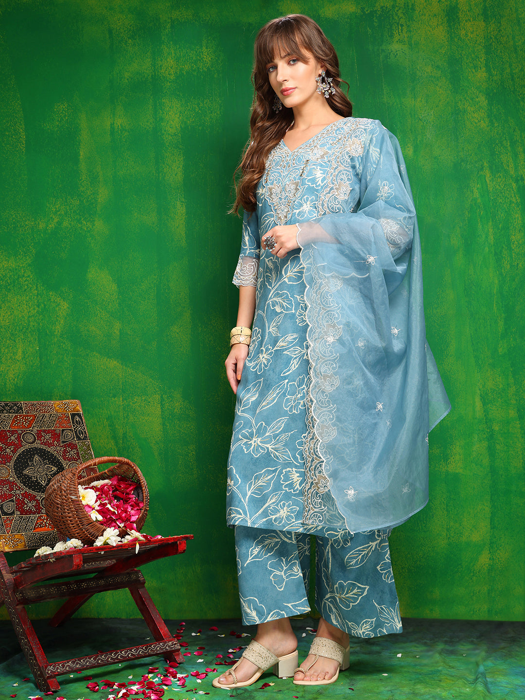 Embroidered & Floral Printed Kurta with Palazzo Pant & Embroidered Dupatta