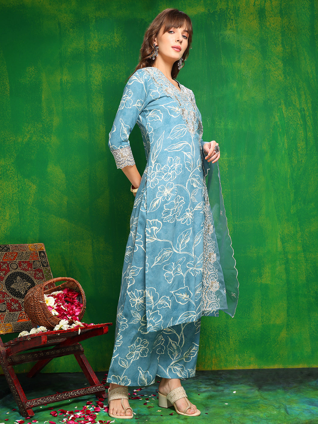 Embroidered & Floral Printed Kurta with Palazzo Pant & Embroidered Dupatta