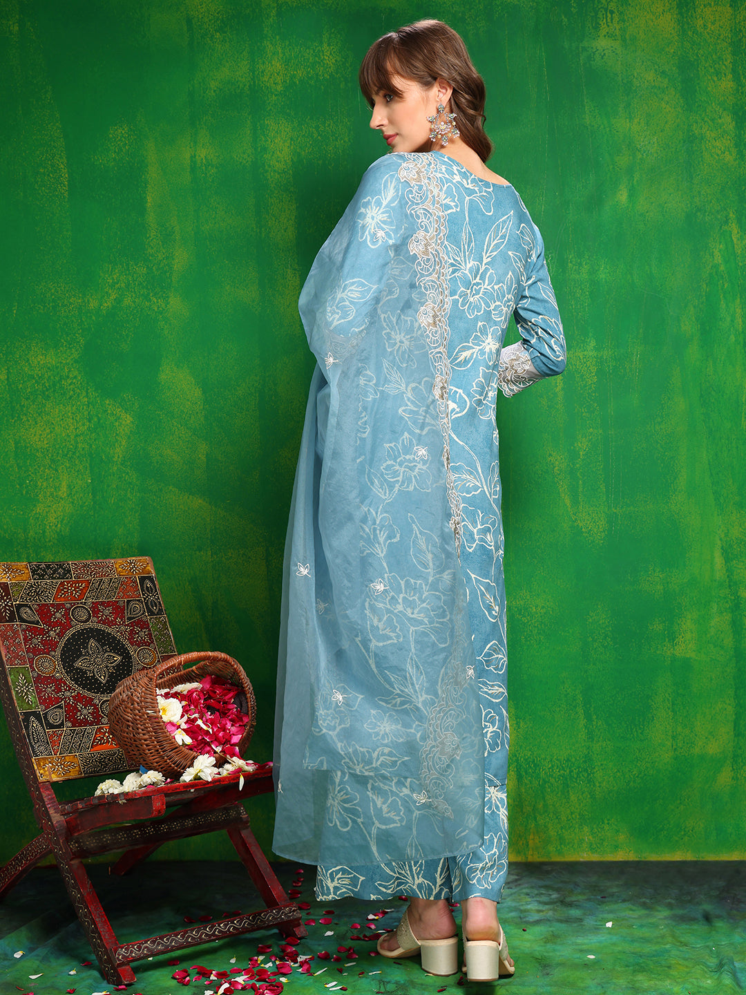 Embroidered & Floral Printed Kurta with Palazzo Pant & Embroidered Dupatta