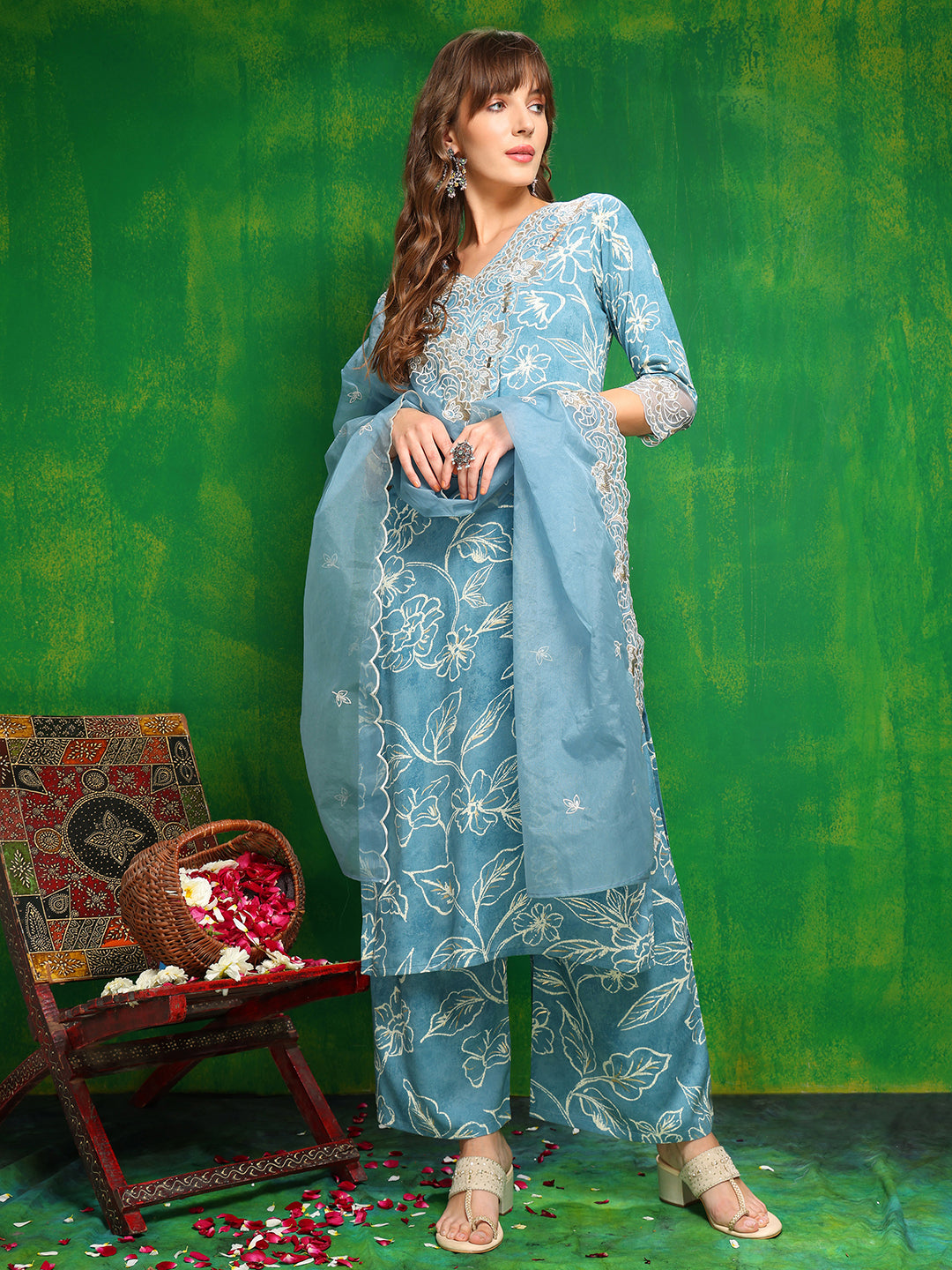 Embroidered & Floral Printed Kurta with Palazzo Pant & Embroidered Dupatta