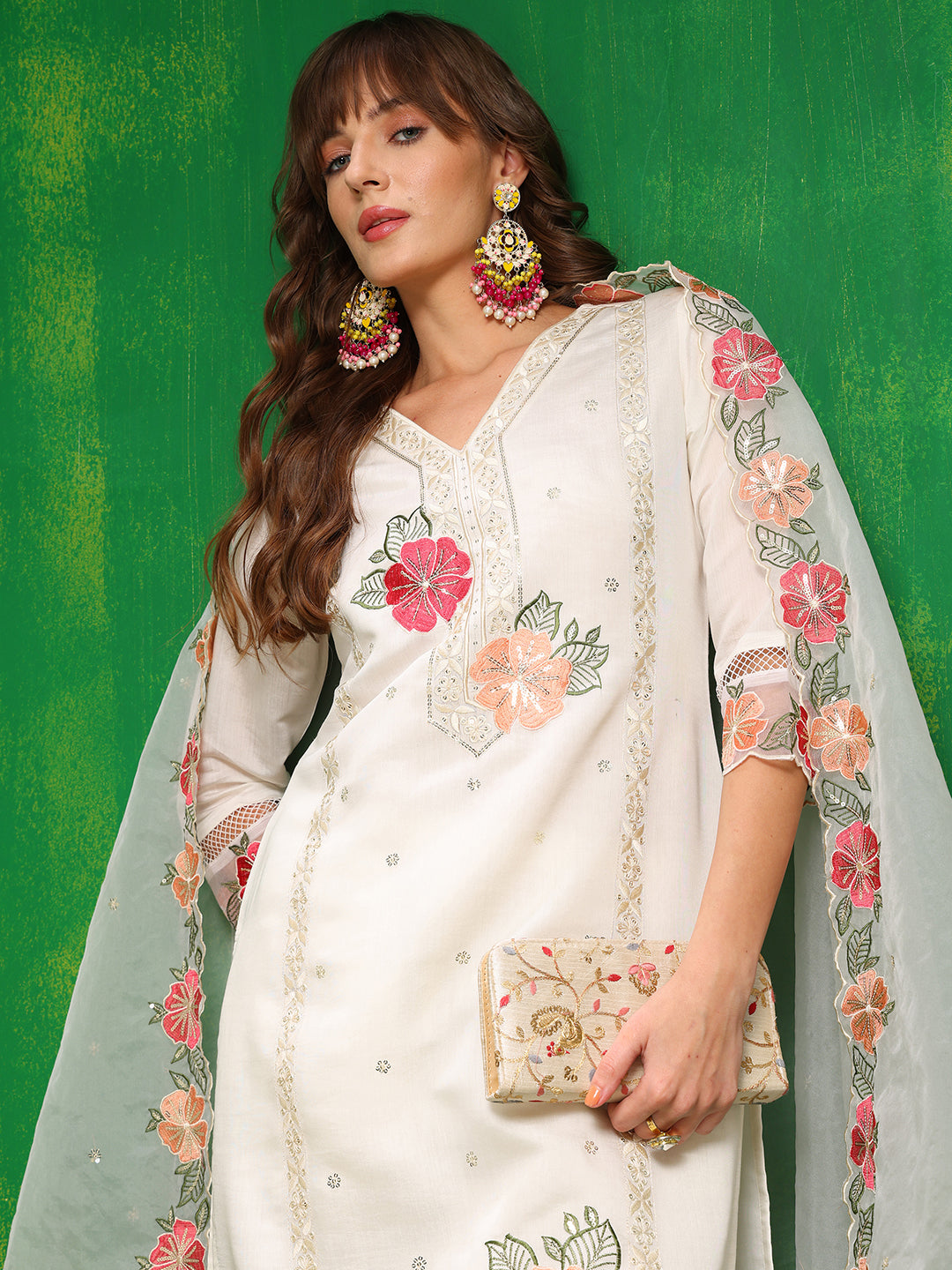 Sequined & Thread Embroidered Kurta with Pant & Embroidered Dupatta