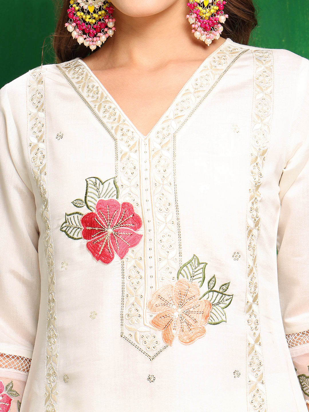 Sequined & Thread Embroidered Kurta with Pant & Embroidered Dupatta