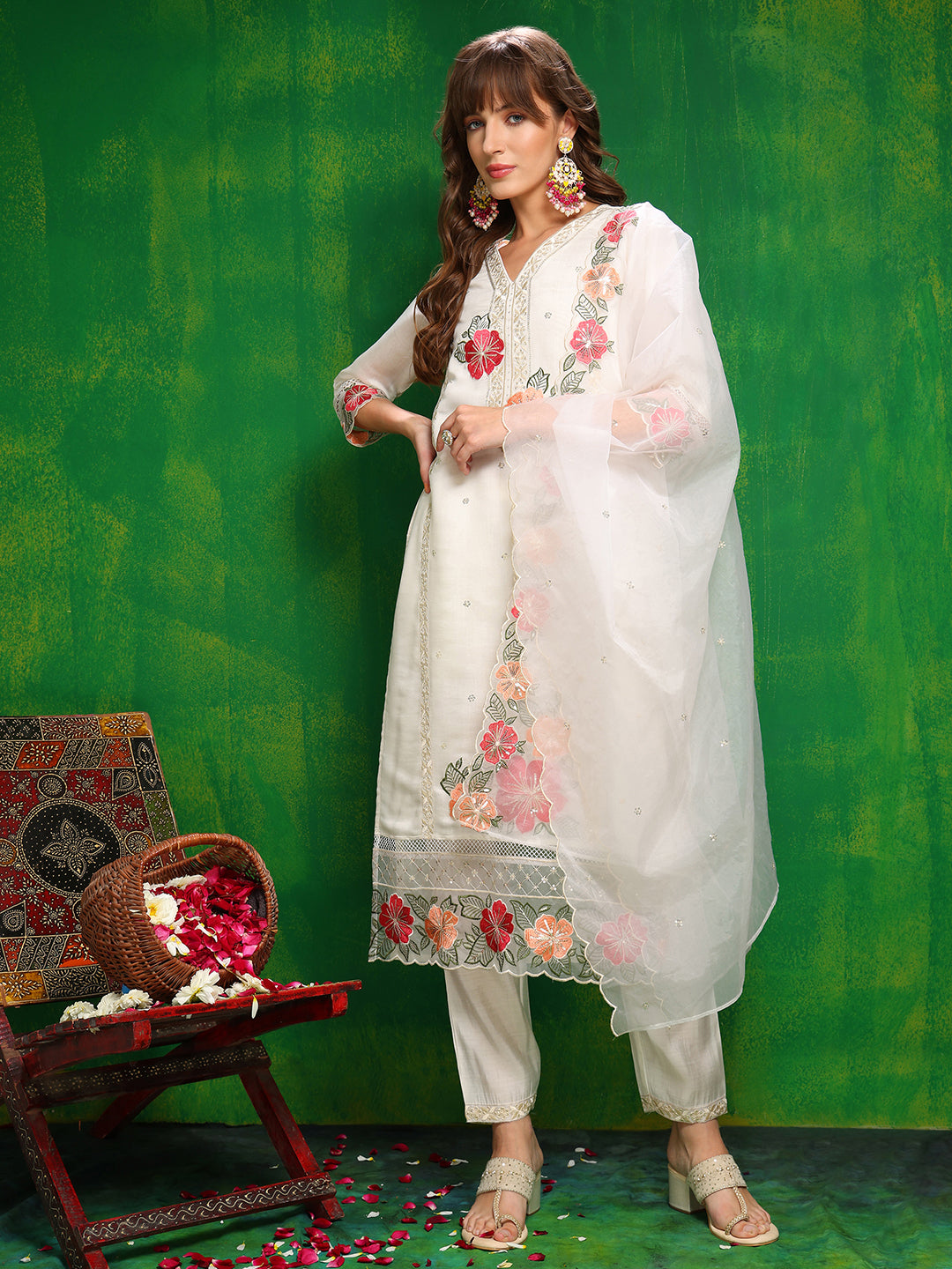 Sequined & Thread Embroidered Kurta with Pant & Embroidered Dupatta