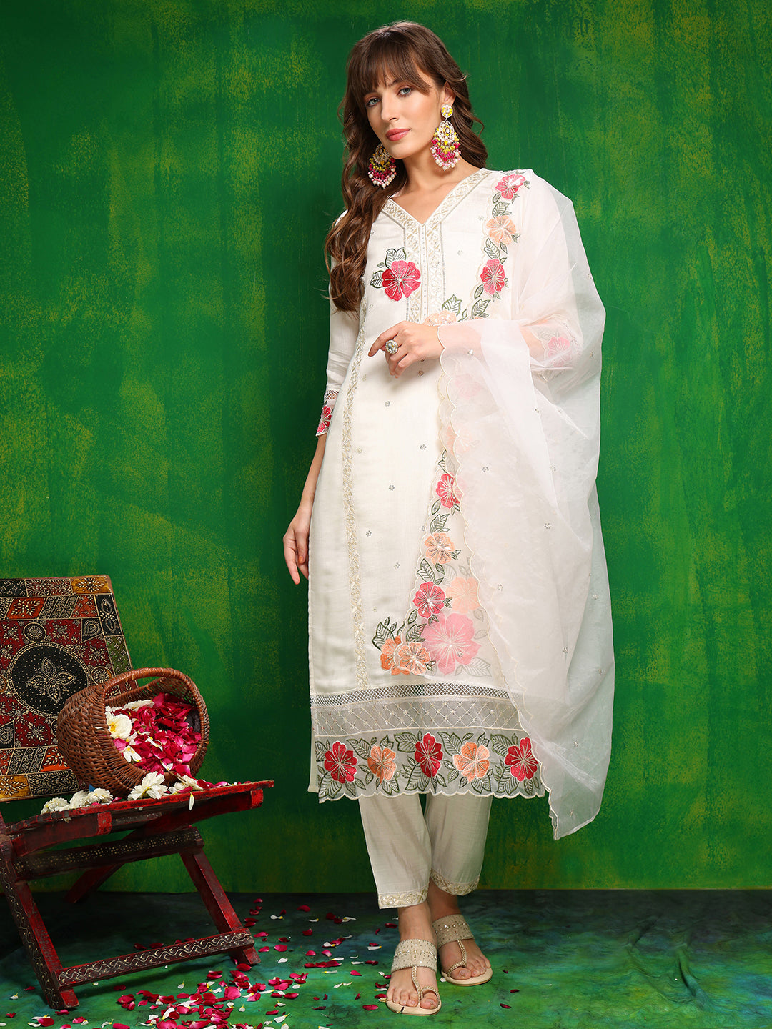 Sequined & Thread Embroidered Kurta with Pant & Embroidered Dupatta