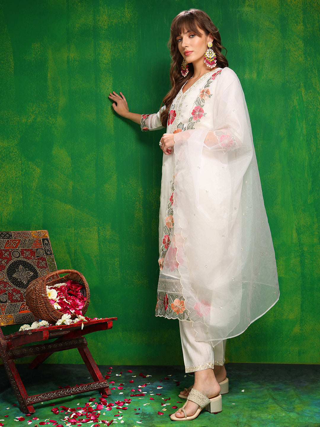 Sequined & Thread Embroidered Kurta with Pant & Embroidered Dupatta