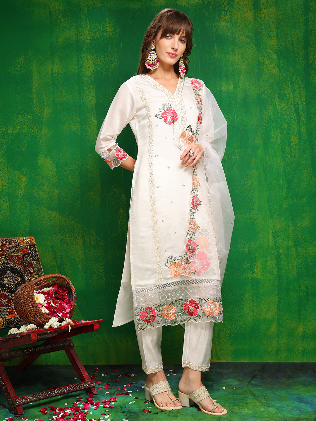 Sequined & Thread Embroidered Kurta with Pant & Embroidered Dupatta
