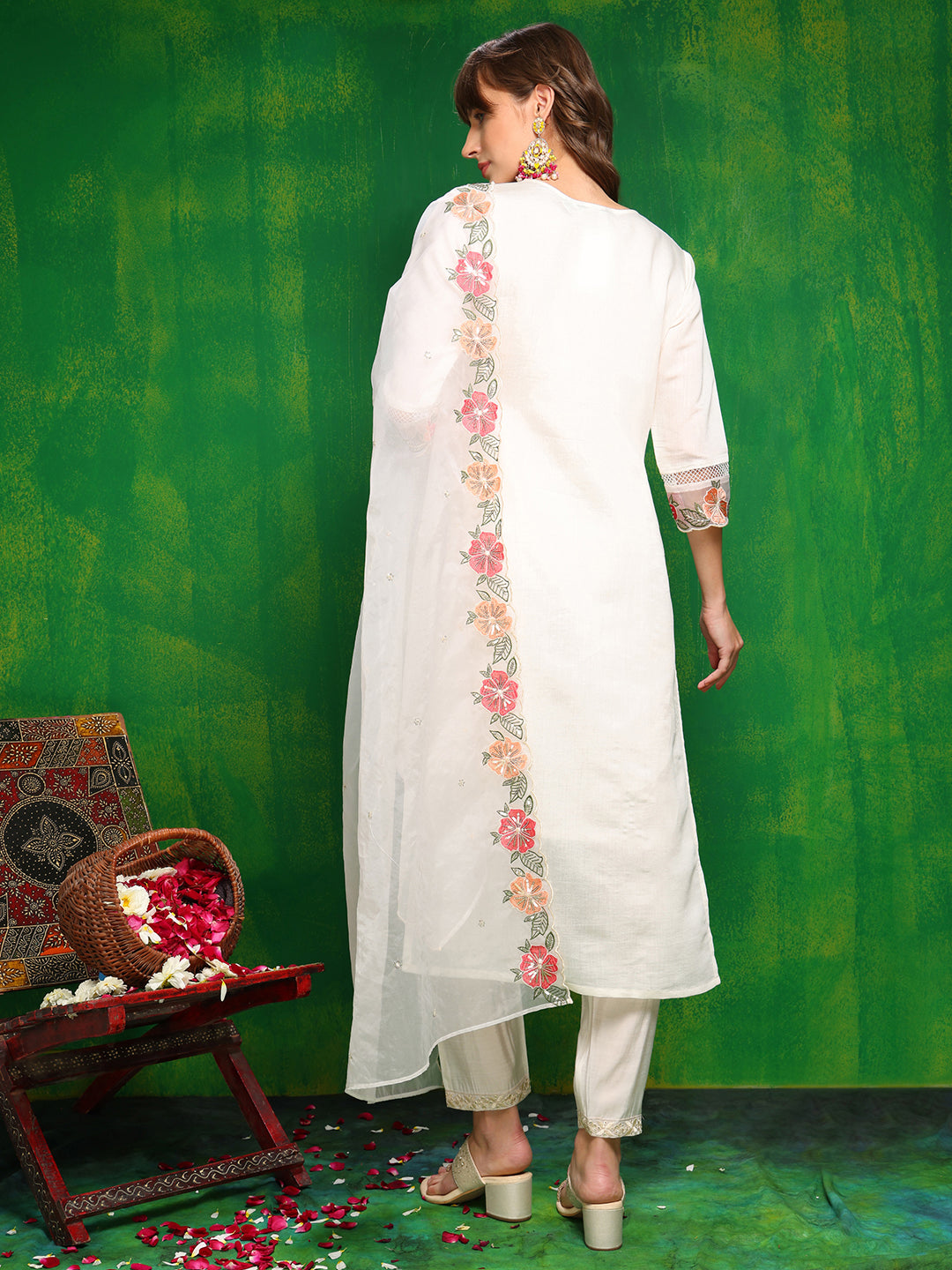 Sequined & Thread Embroidered Kurta with Pant & Embroidered Dupatta