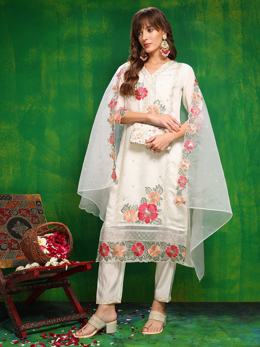 Sequined & Thread Embroidered Kurta with Pant & Embroidered Dupatta