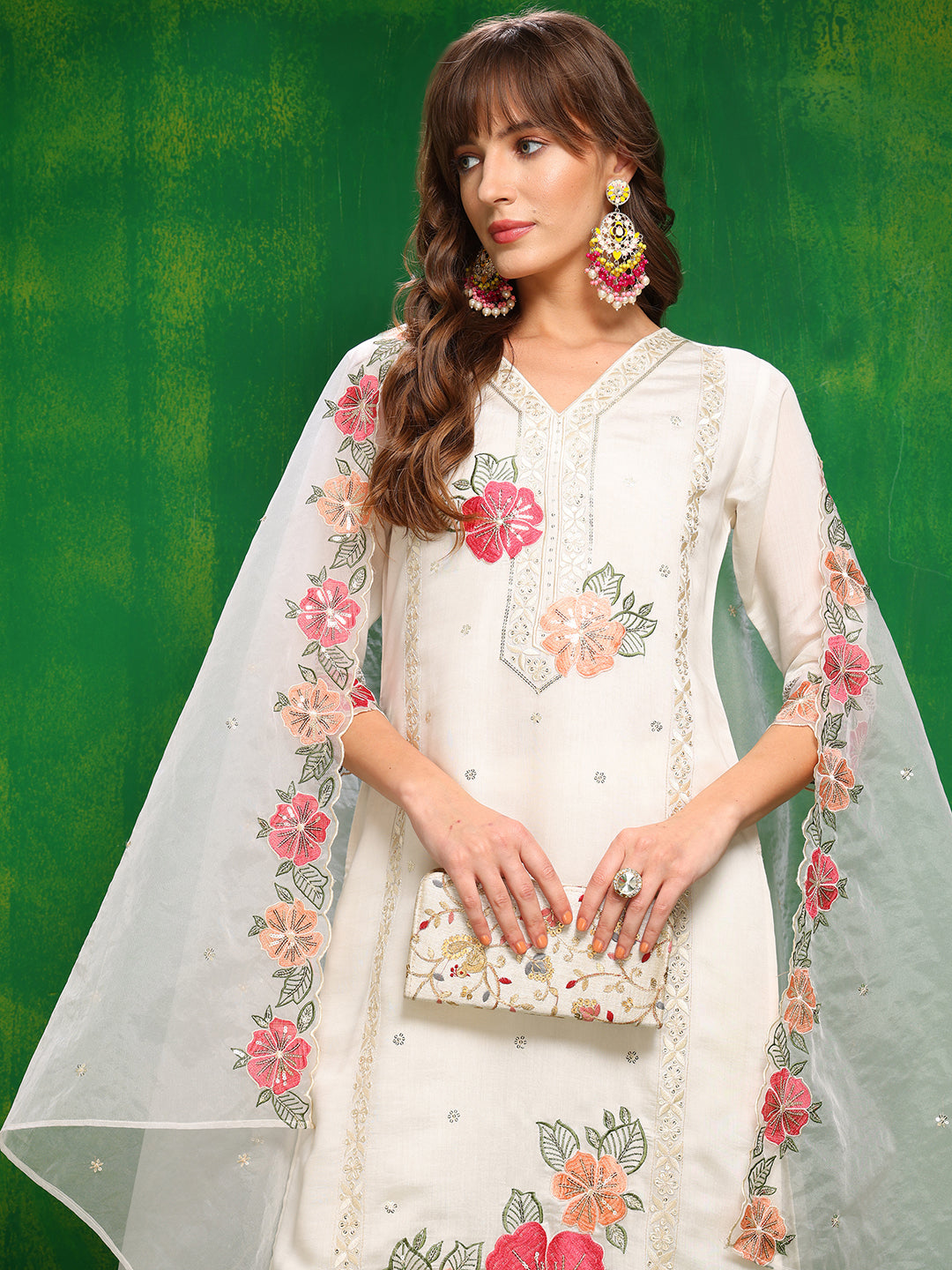 Sequined & Thread Embroidered Kurta with Pant & Embroidered Dupatta
