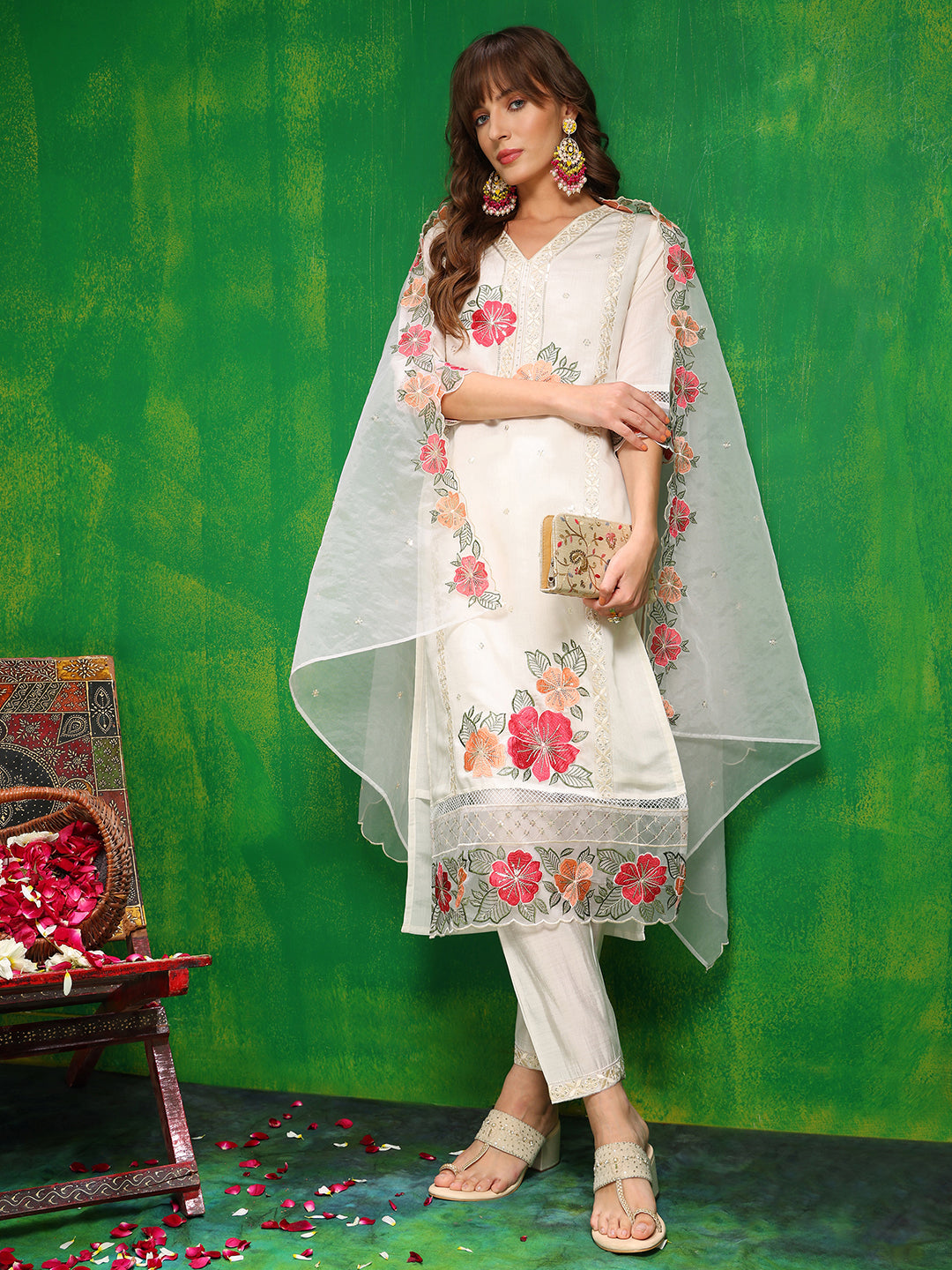 Sequined & Thread Embroidered Kurta with Pant & Embroidered Dupatta