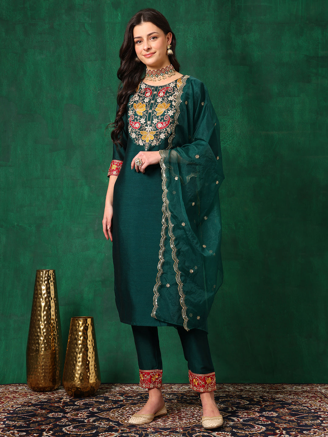 Embroidered Kurta with Pant & Embroidered Dupatta