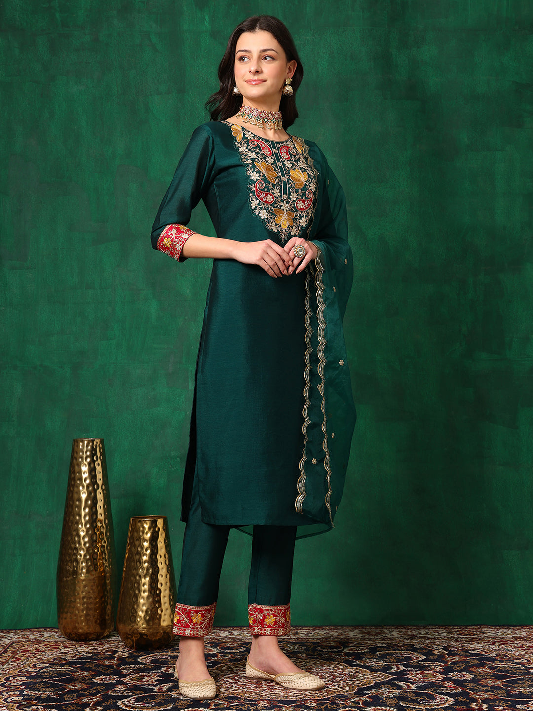 Embroidered Kurta with Pant & Embroidered Dupatta