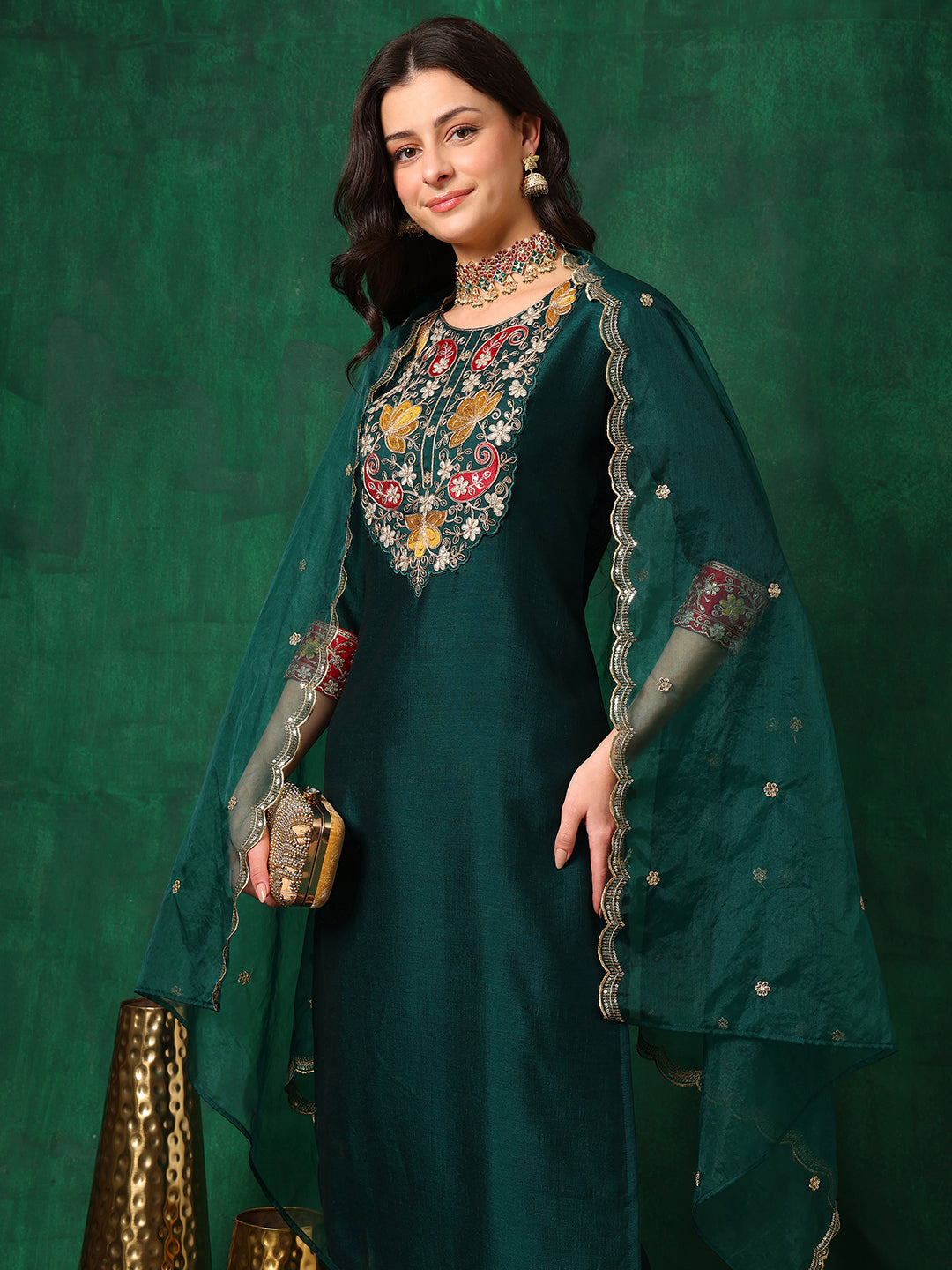 Embroidered Kurta with Pant & Embroidered Dupatta