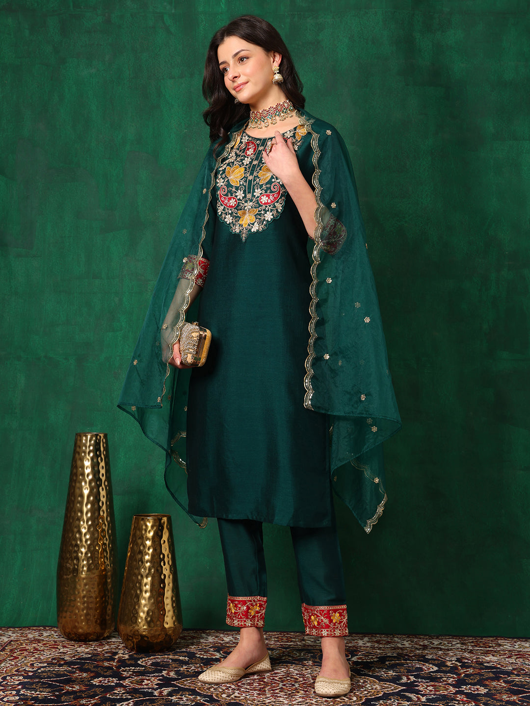 Embroidered Kurta with Pant & Embroidered Dupatta