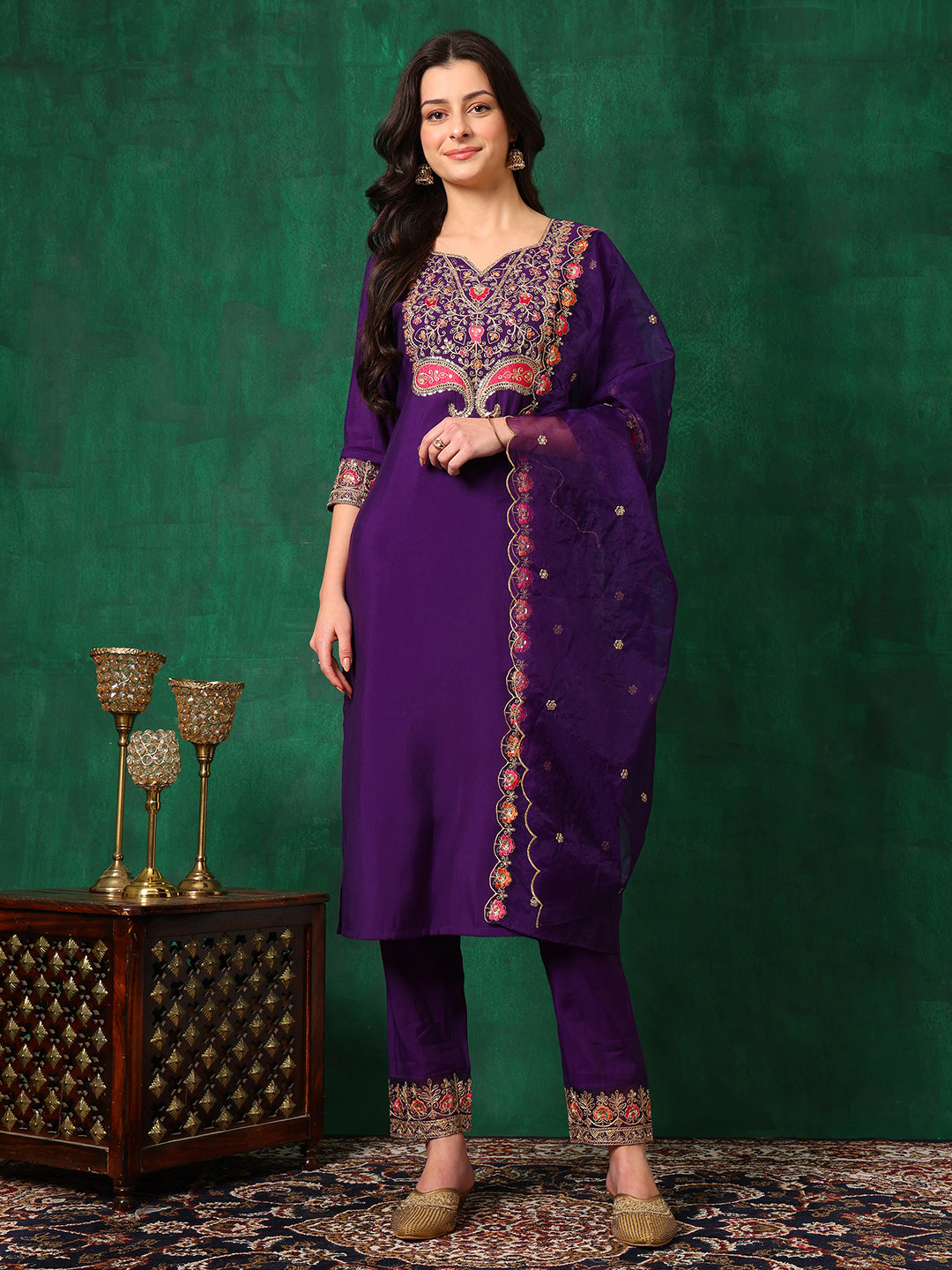 Embroidered Kurta with Pant & Embroidered Dupatta