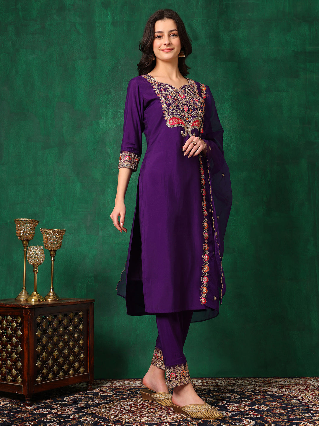 Embroidered Kurta with Pant & Embroidered Dupatta