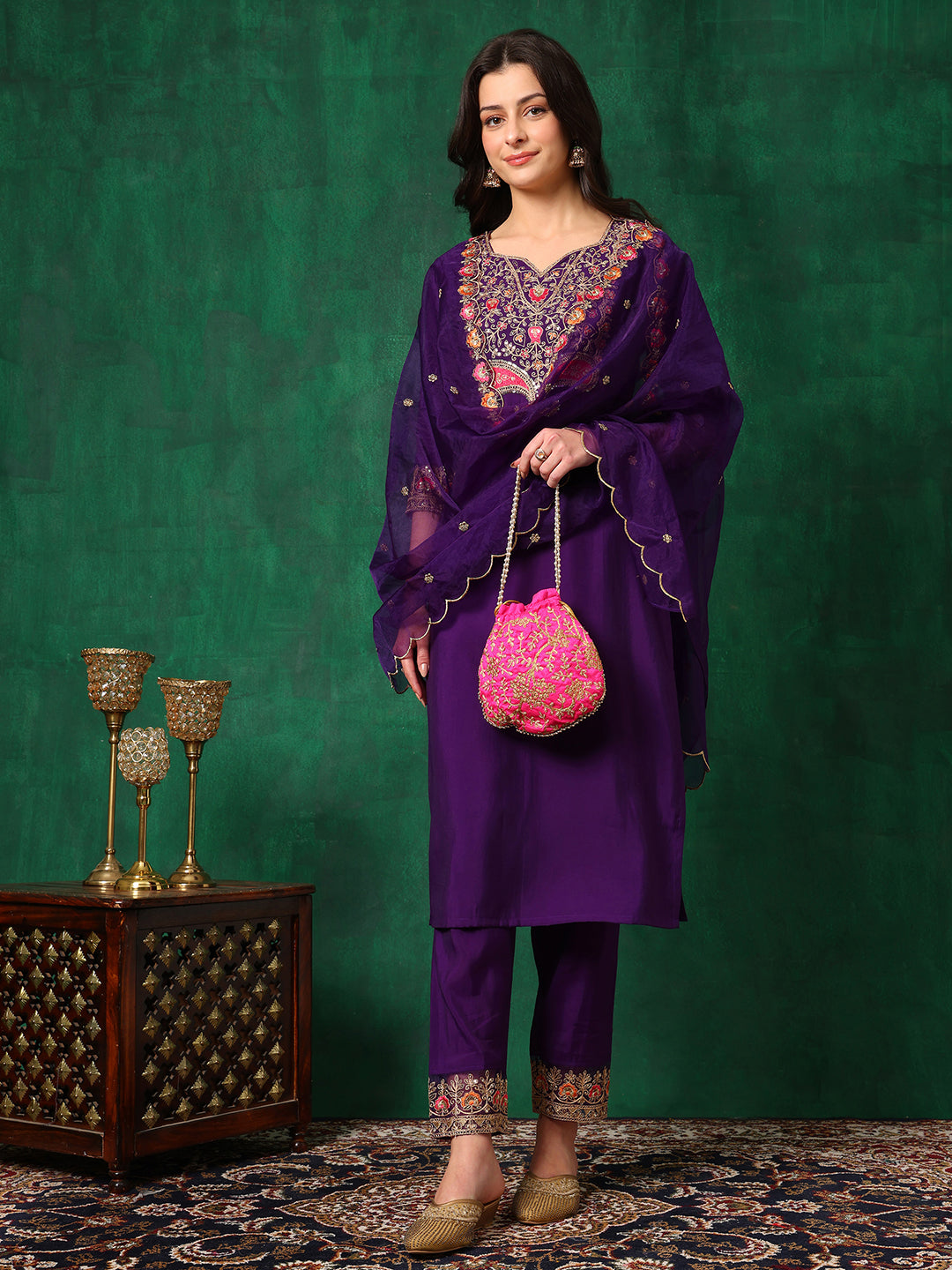 Embroidered Kurta with Pant & Embroidered Dupatta