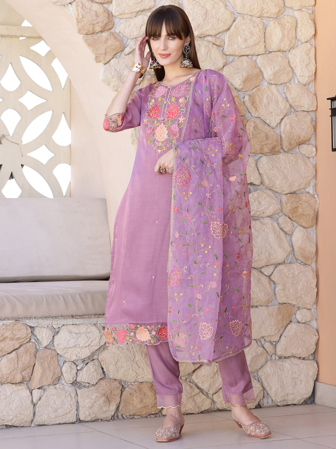 Embroidered Kurta with Pant & Embroidered Dupatta