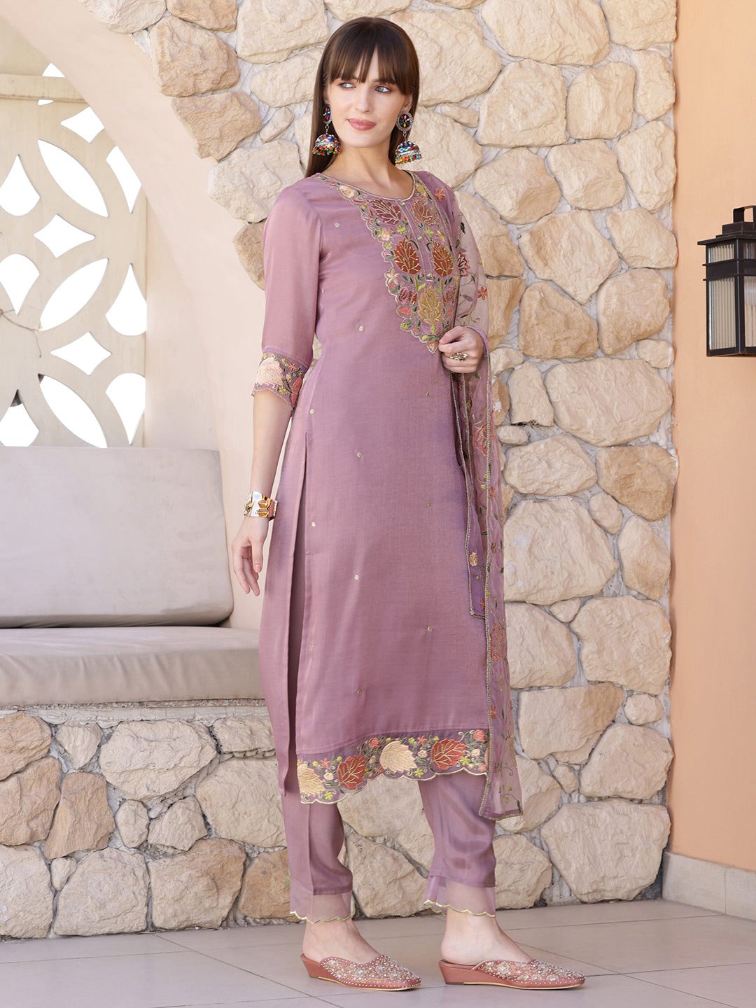 Embroidered Kurta with Pant & Embroidered Dupatta