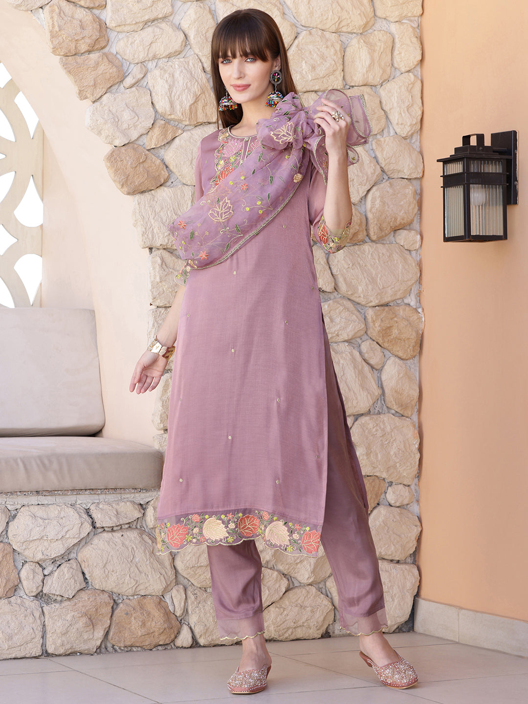 Embroidered Kurta with Pant & Embroidered Dupatta