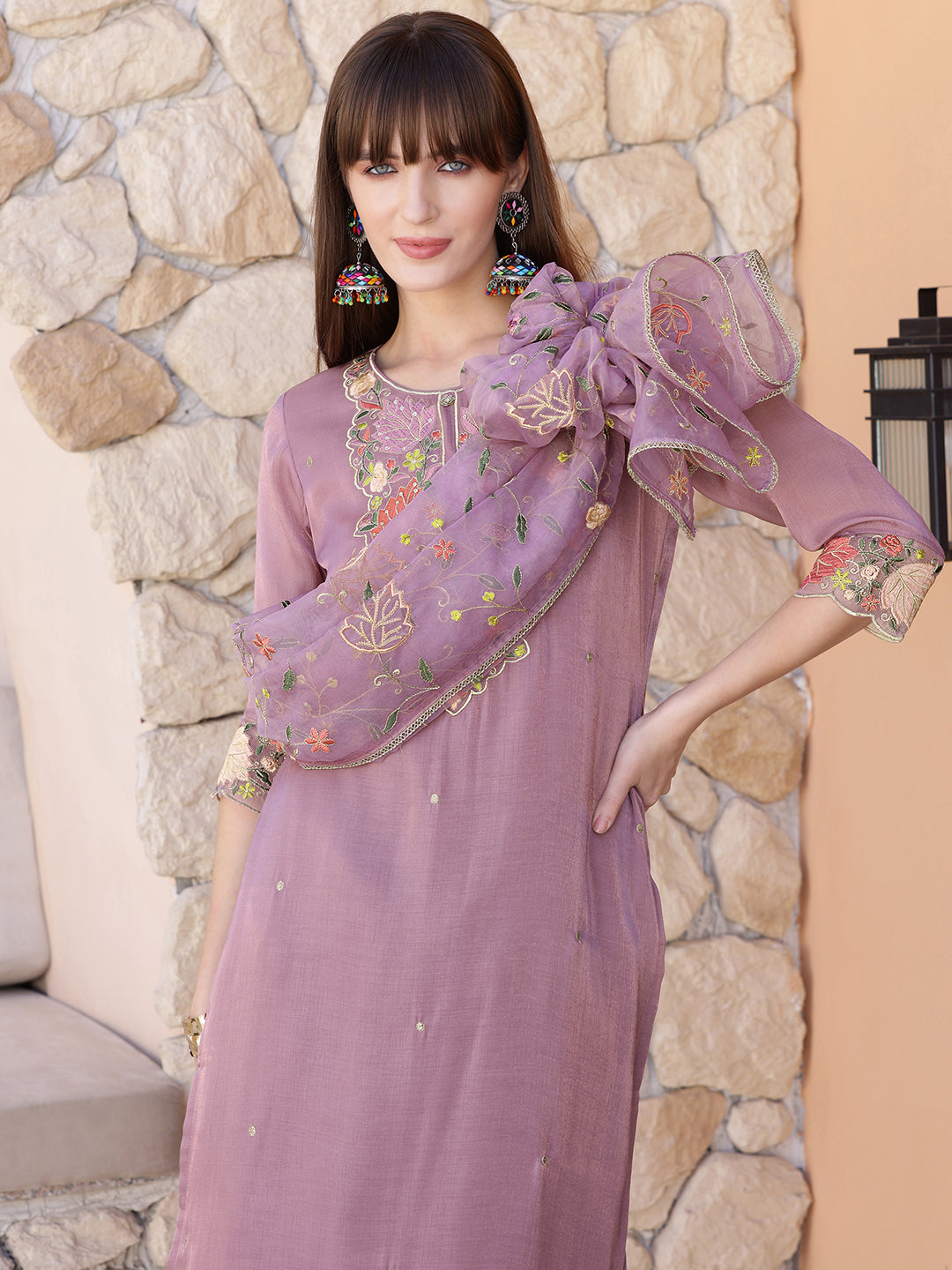 Embroidered Kurta with Pant & Embroidered Dupatta