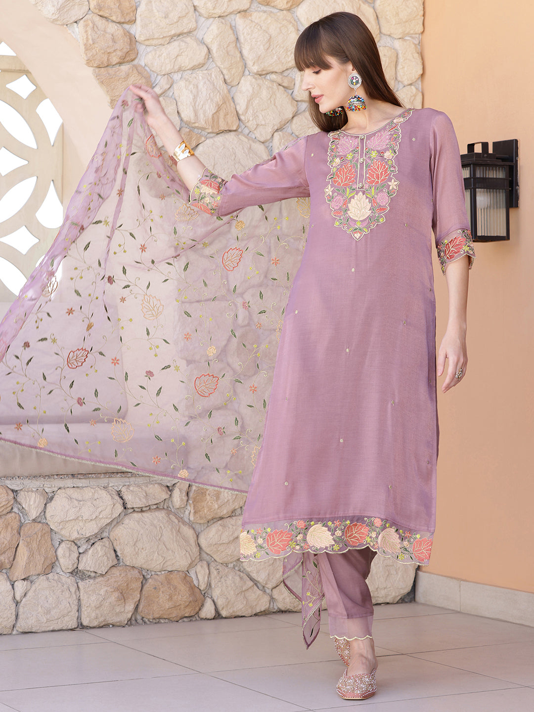Embroidered Kurta with Pant & Embroidered Dupatta