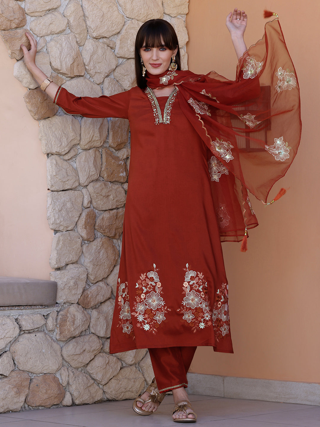 Hand Embroidered Kurta with Pant & Embroidered Dupatta