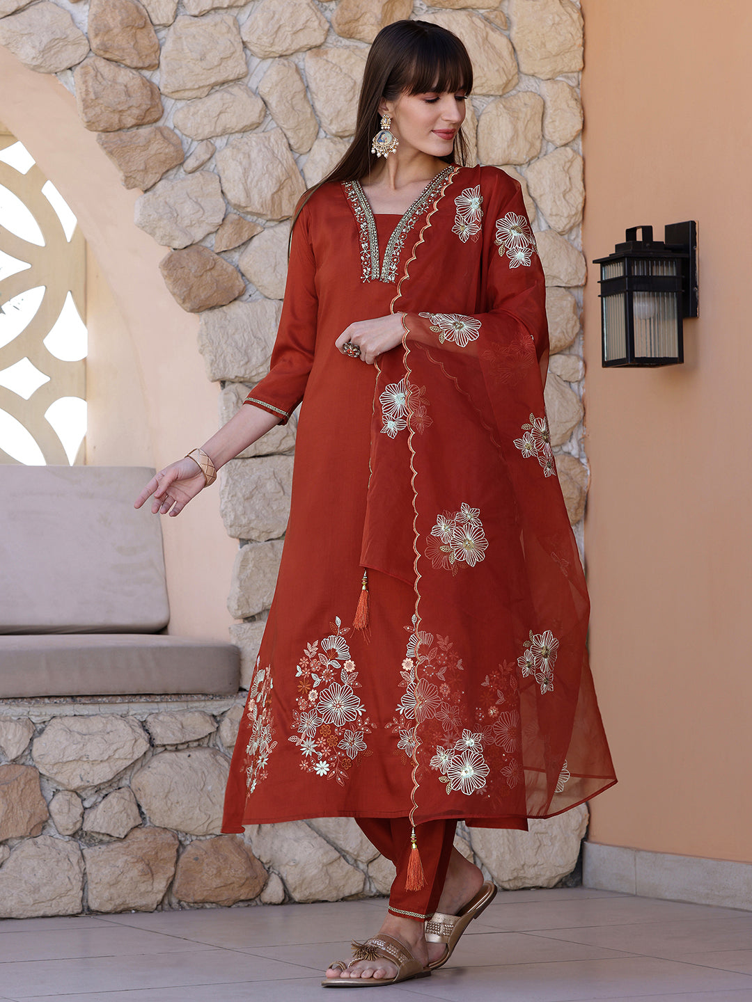 Hand Embroidered Kurta with Pant & Embroidered Dupatta