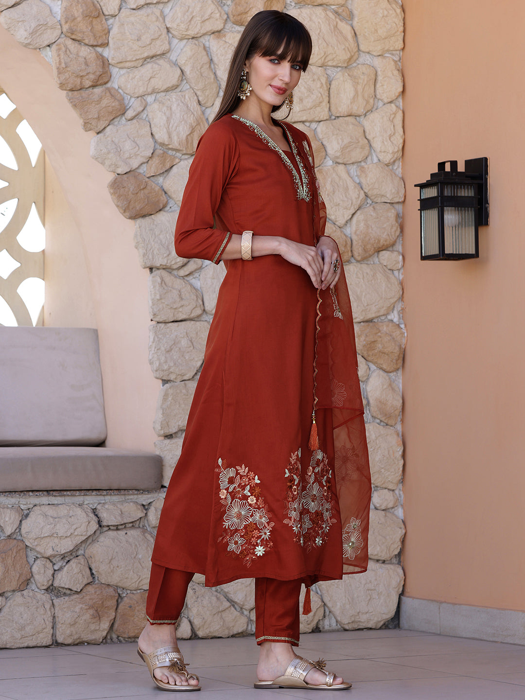 Hand Embroidered Kurta with Pant & Embroidered Dupatta
