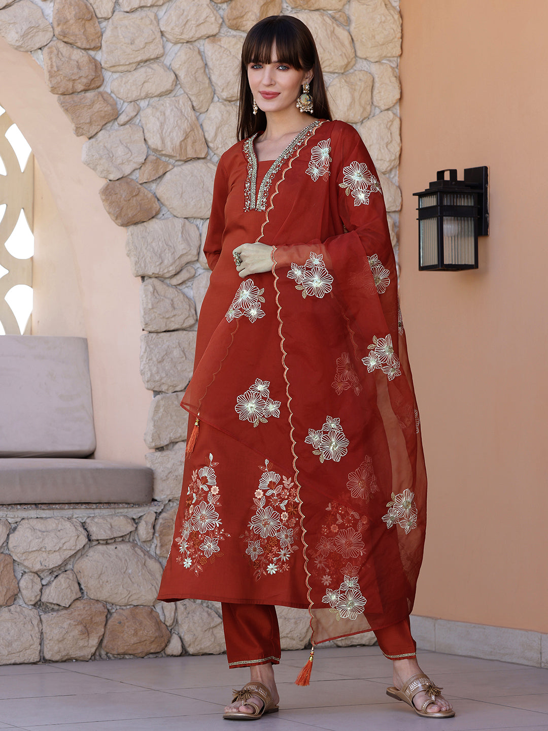 Hand Embroidered Kurta with Pant & Embroidered Dupatta