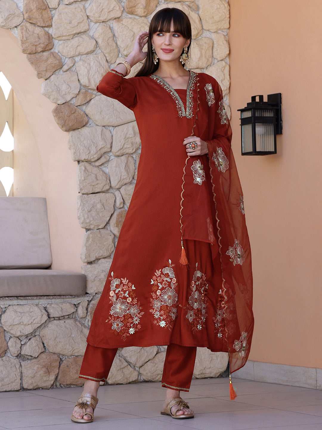 Hand Embroidered Kurta with Pant & Embroidered Dupatta