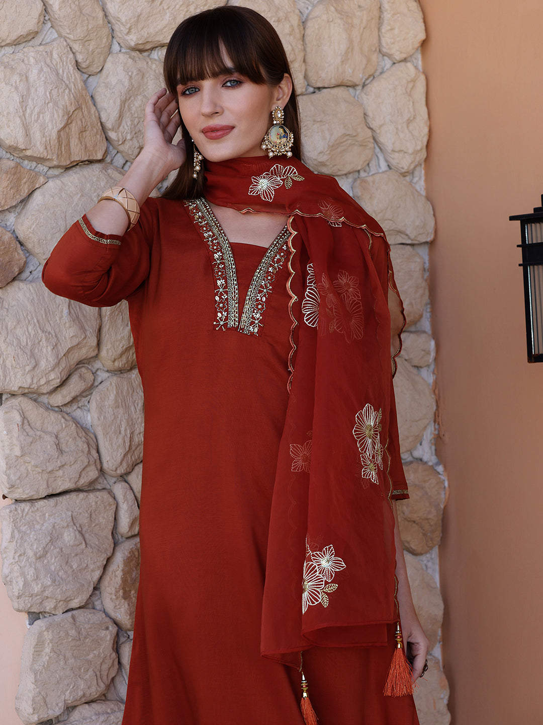 Hand Embroidered Kurta with Pant & Embroidered Dupatta