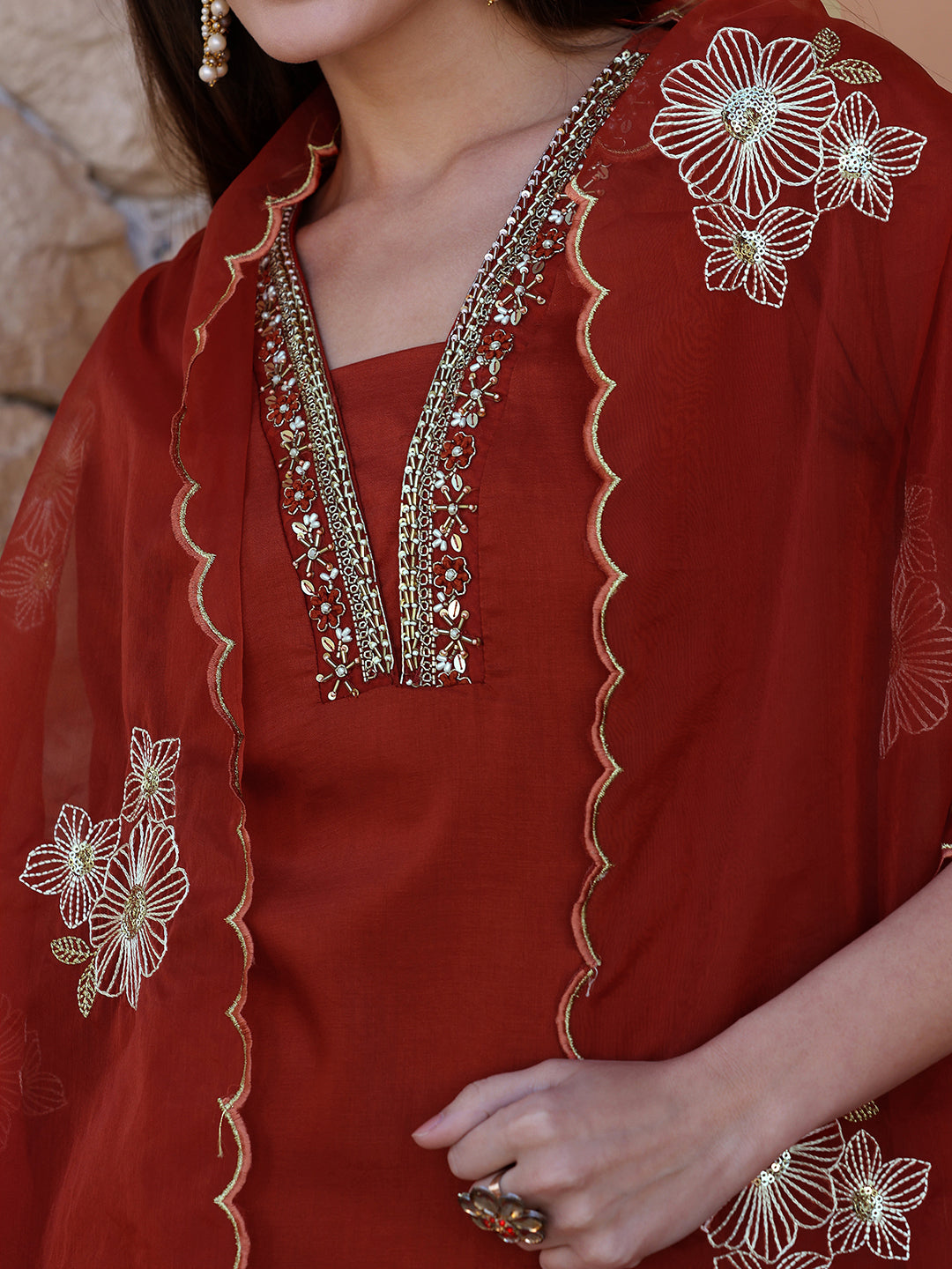 Hand Embroidered Kurta with Pant & Embroidered Dupatta