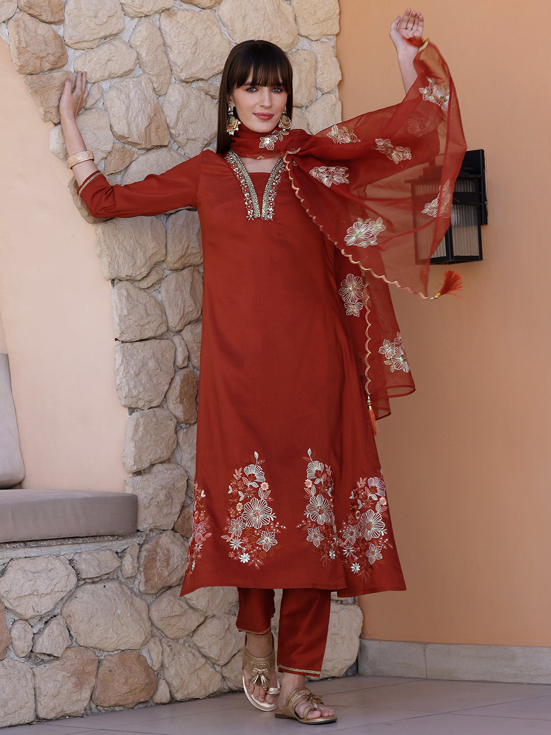 Hand Embroidered Kurta with Pant & Embroidered Dupatta